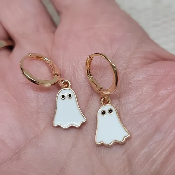 Boho Halloween Ghost Earrings Dangling Huggie White Gold Tone 1.18 In - Picture 5 of 11